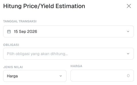 Panel masukan kalkulator DIFAPro dengan tanggal transaksi, pilihan obligasi, jenis nilai dan harga.